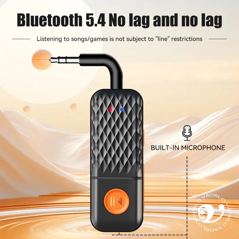 업그레이드된 블루투스 5.4 AUX 송수신기 3.5MM 마이크 내장 HiFi 스테레오 음악 무선 오디오 어댑터 (TV, PC, 비행기, 자동차용)