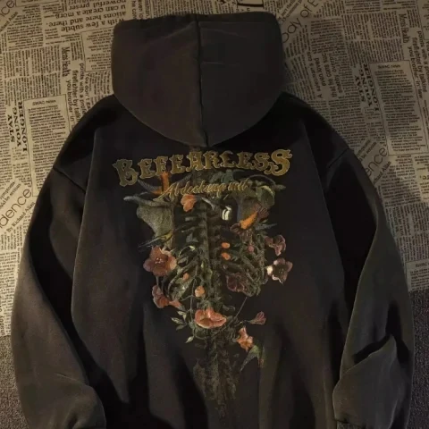 2025 Autumn New American High Street Retro Style Floral Print Loose Soft Oversize Suede Green Hoodie Cotton Black Sweatshirt