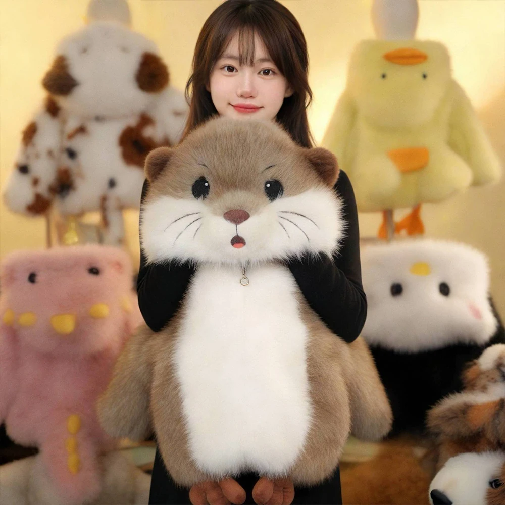 Cute 3D Otter Animal Hood Kids Faux Fur Winter Coat Soft Fluffy Plush Warm Jacket Cartoon Design Children Kawaii Fashion Outerwe