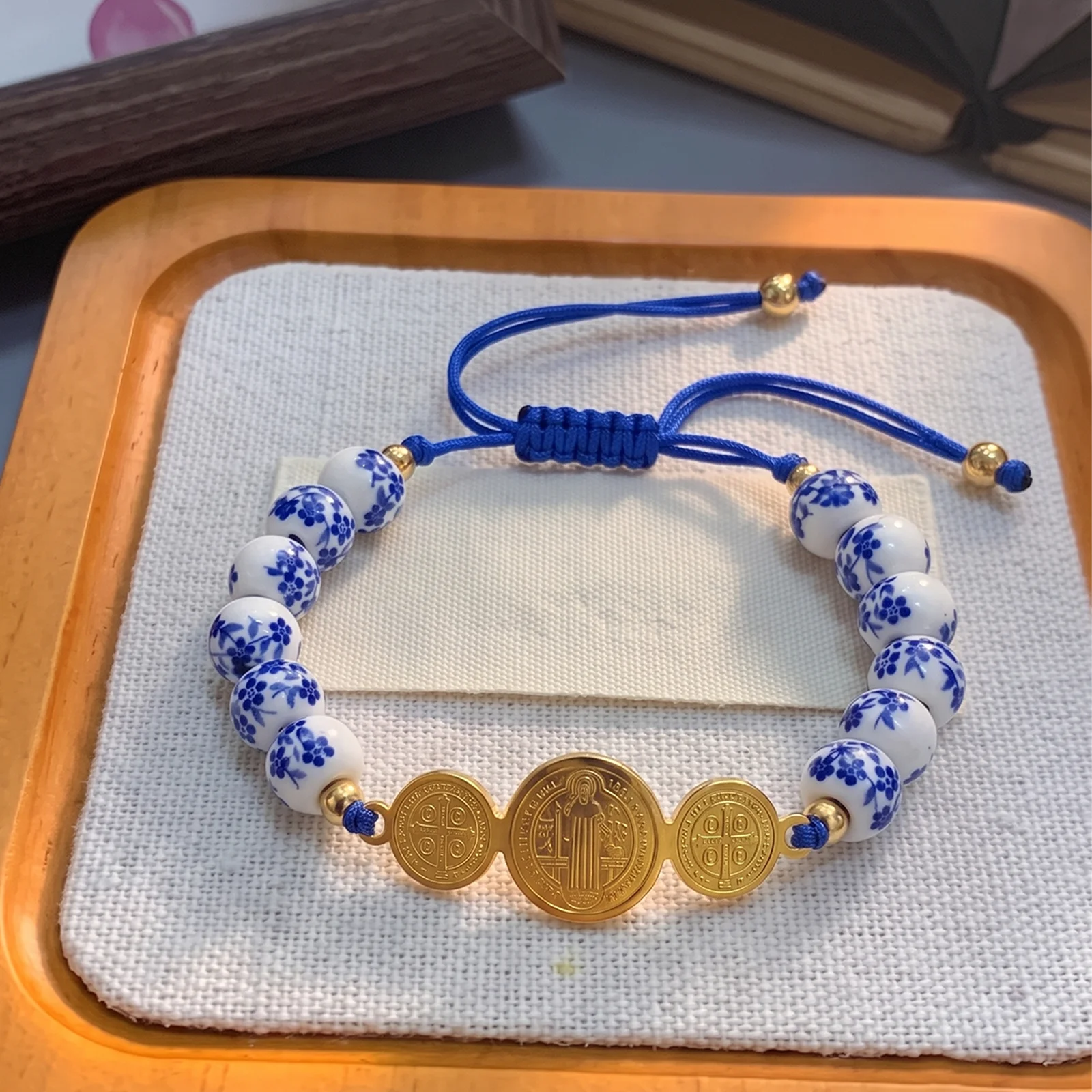 St. Benedict Triple Medal Bracelet Blue White Floral Porcelain Beads Adjustable Braided Rope Faith Wrist Jewelry For Women
