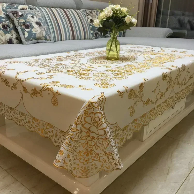 Gilded Table Cloth PVC Coffee Table Mat Waterproof, Scald Oil Resistant Golden Flowers Style Minimalist Plastic Tablecloth