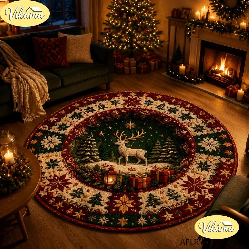VIKAMA Christmas Round Rug Non Slip Santa Sleigh Reindeer Design Carpet for Bedroom Living Room Washable Festive Home Decor