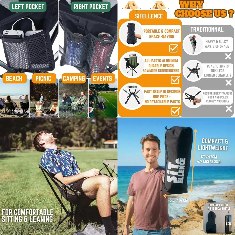 

Portable Camping Chair - Adjustable Height Folding Chair, Compact and Quick Setup, Ideal for Outdoors, Beach, Events, Supports 3