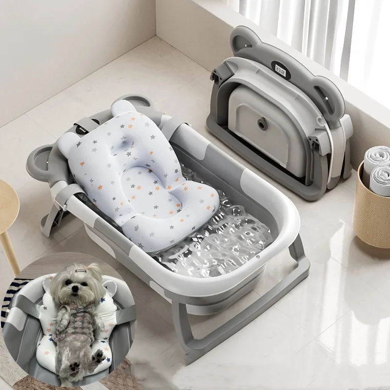 

Collapsible Pet Bathtub With Real-time Temp and Floating Cushion Foldable Cat Bath Tub Set Portable Travel Dog Tub