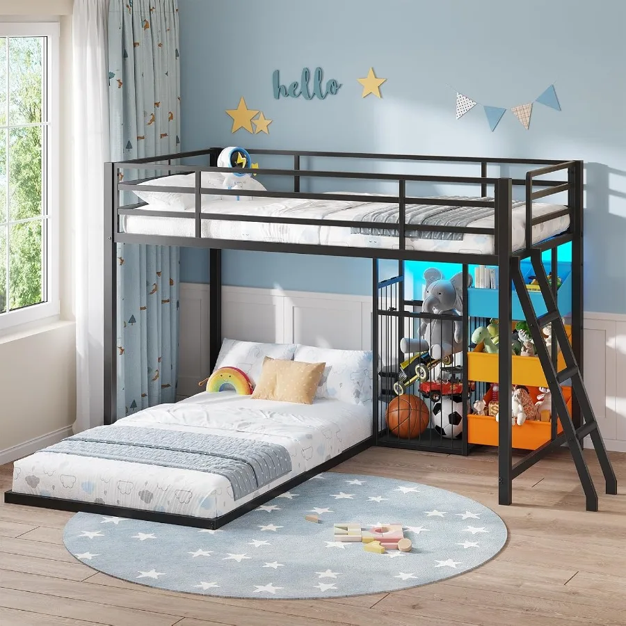 Teens Twin Over Twin Bunk Bed with Metal L-Shaped Frame, Gray Finish, Large Toy Storage Organizer and 3 Bins, LED Lights, 13.4