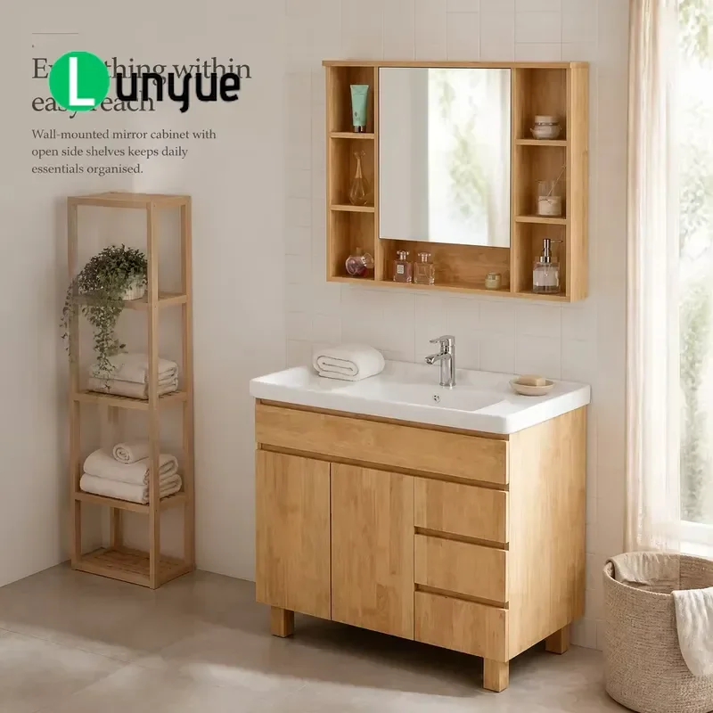 Solid Rubber Wood Japanese Bathroom Cabinet Set with Integrated Ceramic Basin Wall Mounted Vanity Unit Space Saving Modern