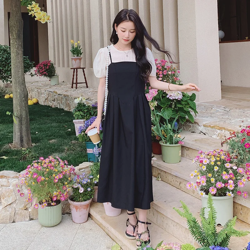 

Black Sling Dress for Women 2023 Summer Elegant Chic Slim Casual French Style Long Slip Dress and Shirt Two Piece Set H73