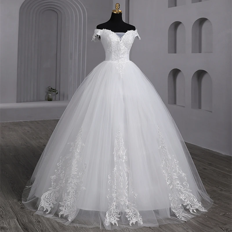 Y & M Novias Plus Size abiti da sposa bianchi al largo della spalla abiti da sposa eleganti Appliques abito da sposa con perline