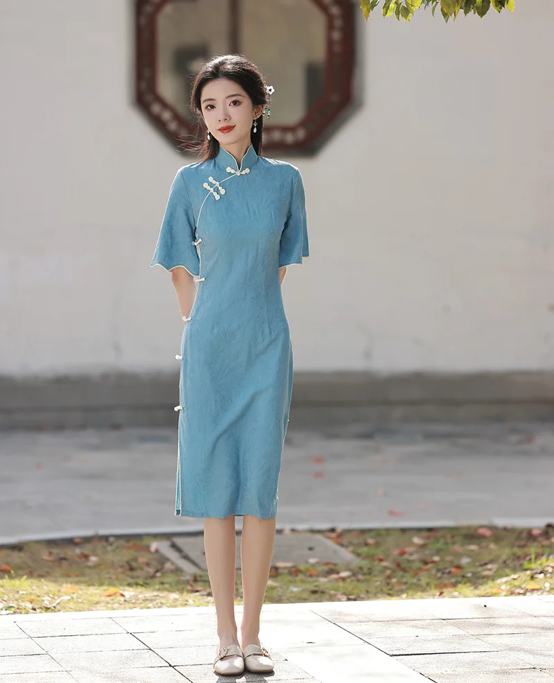 

Spring Cotton Linen Jacquard Qipao Side Eight Button New Wave Sleeves Personalized Fashion Daily Dress Student Cheongsam