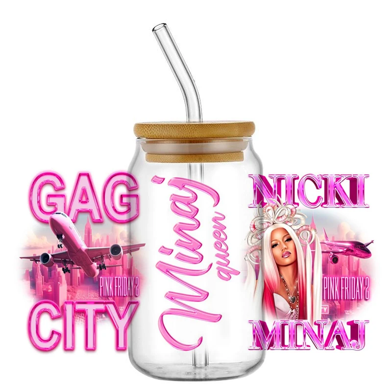 Miniso Nicki Minaj Vintage Gag City Pink Friday 2 For Libbey 16oz Can Glass 3D Waterproof UV DTF Coffee Can Wrap Libbey