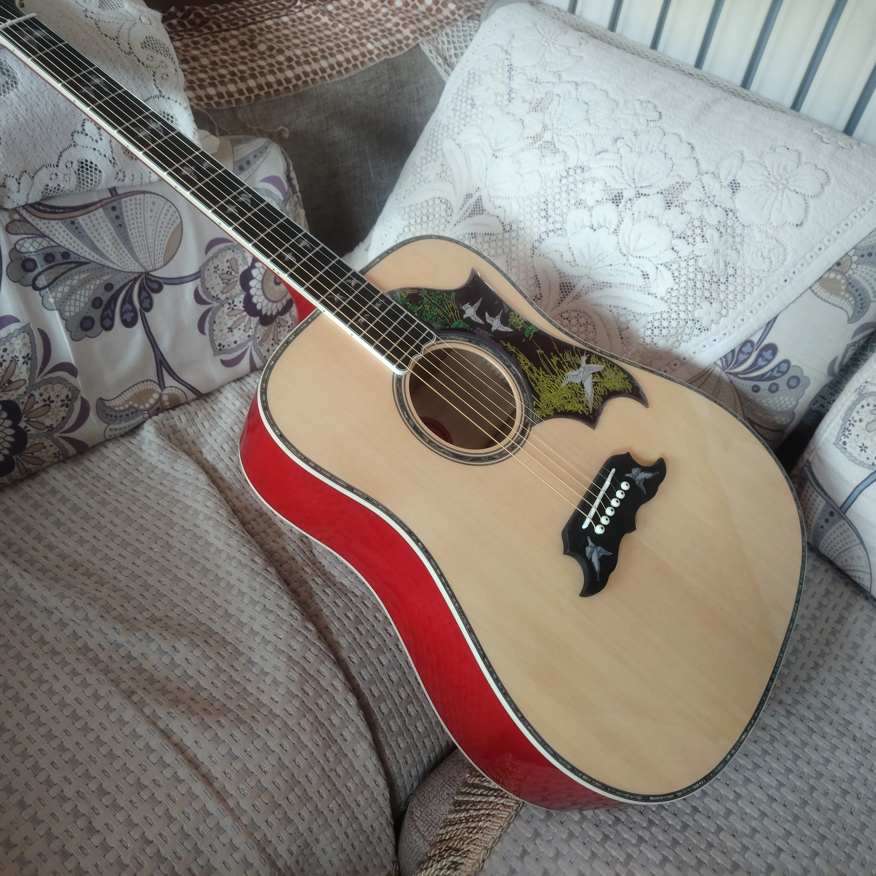 High Quality Pigeon Flock Inlaid Acoustic Folk Guitar In Stock, Flame Maple Top, Fast Delivery From Local Warehouse In The United States