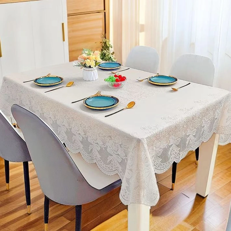 Rectangular PVC Tablecloth Waterproof Embroidered Rice White Lace Table Cloth Oilproof Wash Free Dining Table Protection Cover