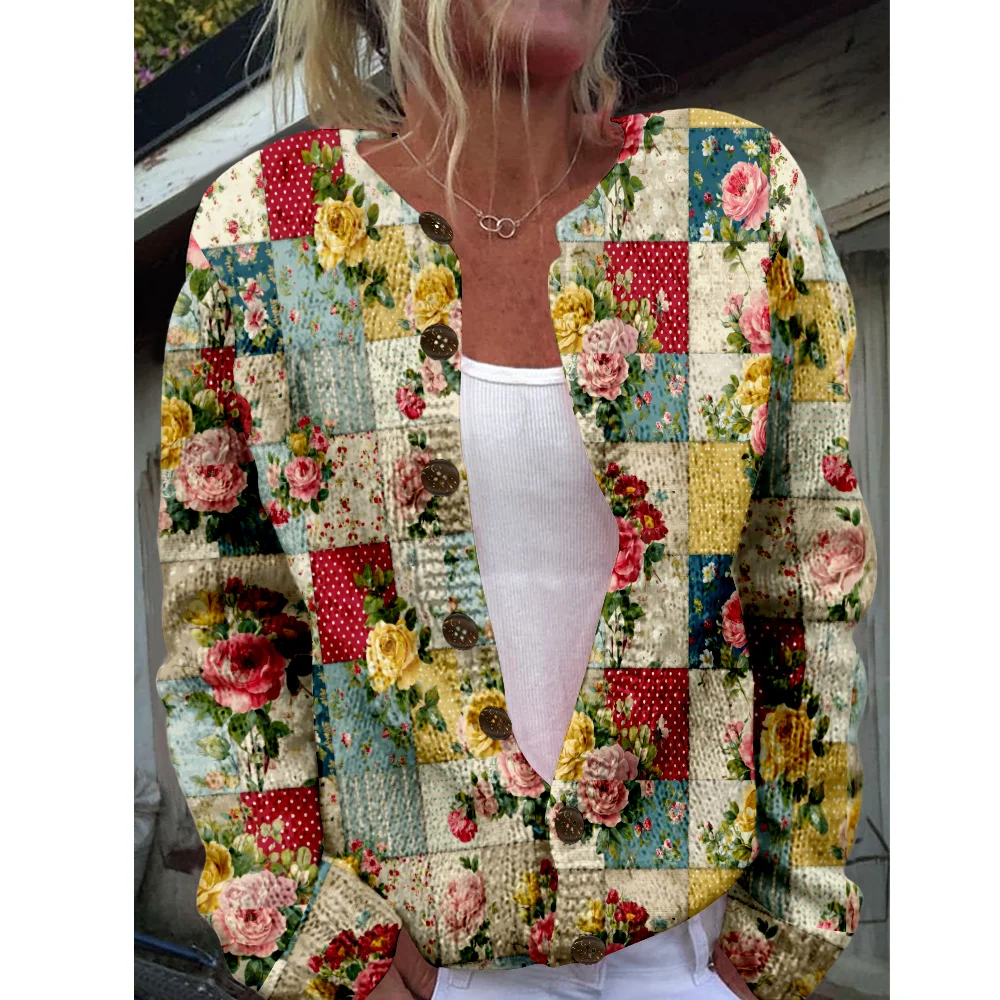 

Осень-зима вязаный клетчатый кардиган с цветочным принтом, повседневный свитер, уличная одежда, женские свитера, вязаный топ, крутые джемперы, модные