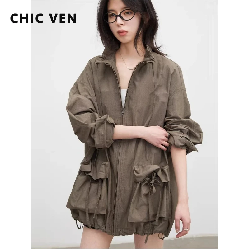 

Модная женская куртка CHIC VEN: однотонная, свободного кроя, с дизайном «Цветочный бутон», на шнурке, весна-лето 2026, пальто-оверсайз