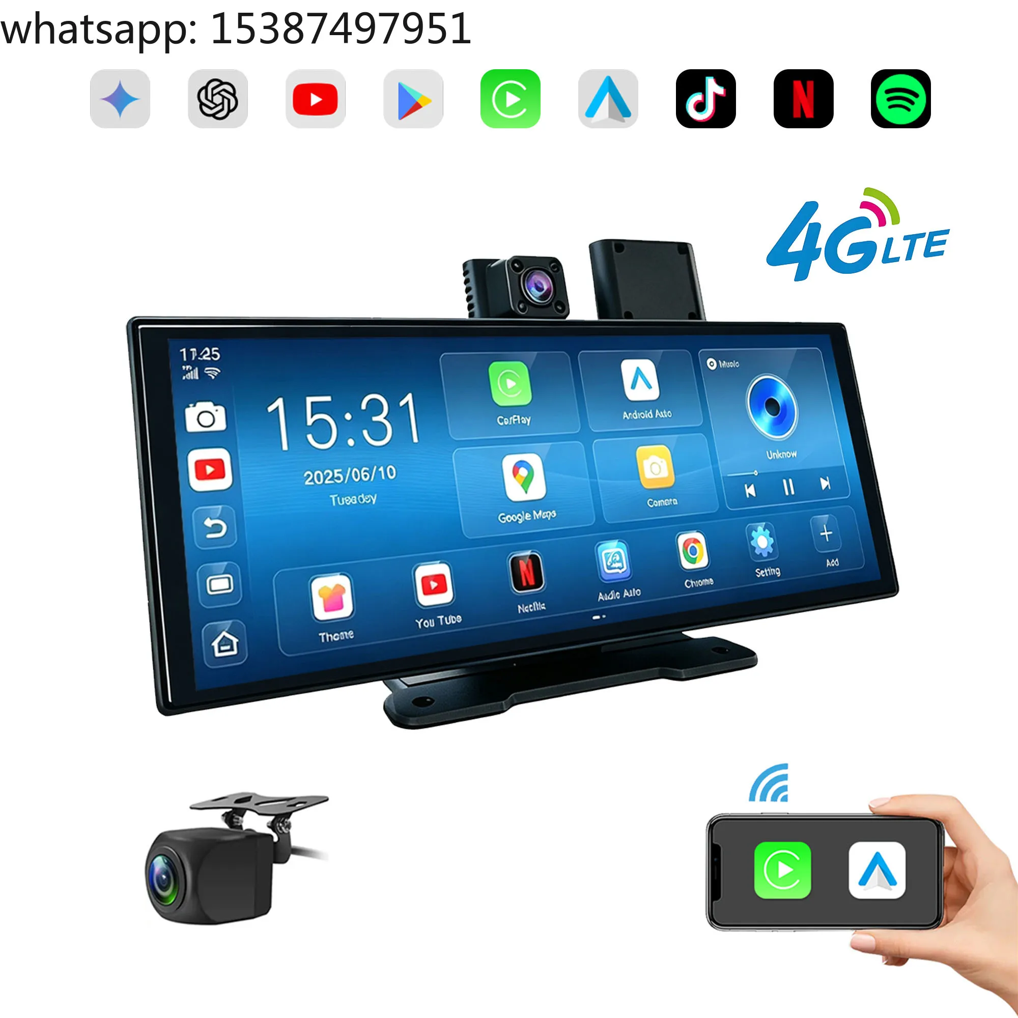 For Plug & Play 11.4 Inch 4G Android 15 Rearview Mirror Camera 3-CH Dash Cam GPS ADAS 24H Parking Guard FM Transmitter