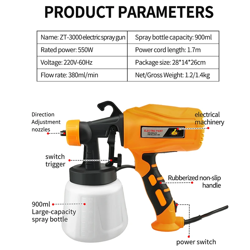 Pistol semprot listrik kuat 550W 900ml, penyemprot cat rumah tangga, kontrol aliran, alat semprot mudah, pelapisan dinding furnitur otomatis