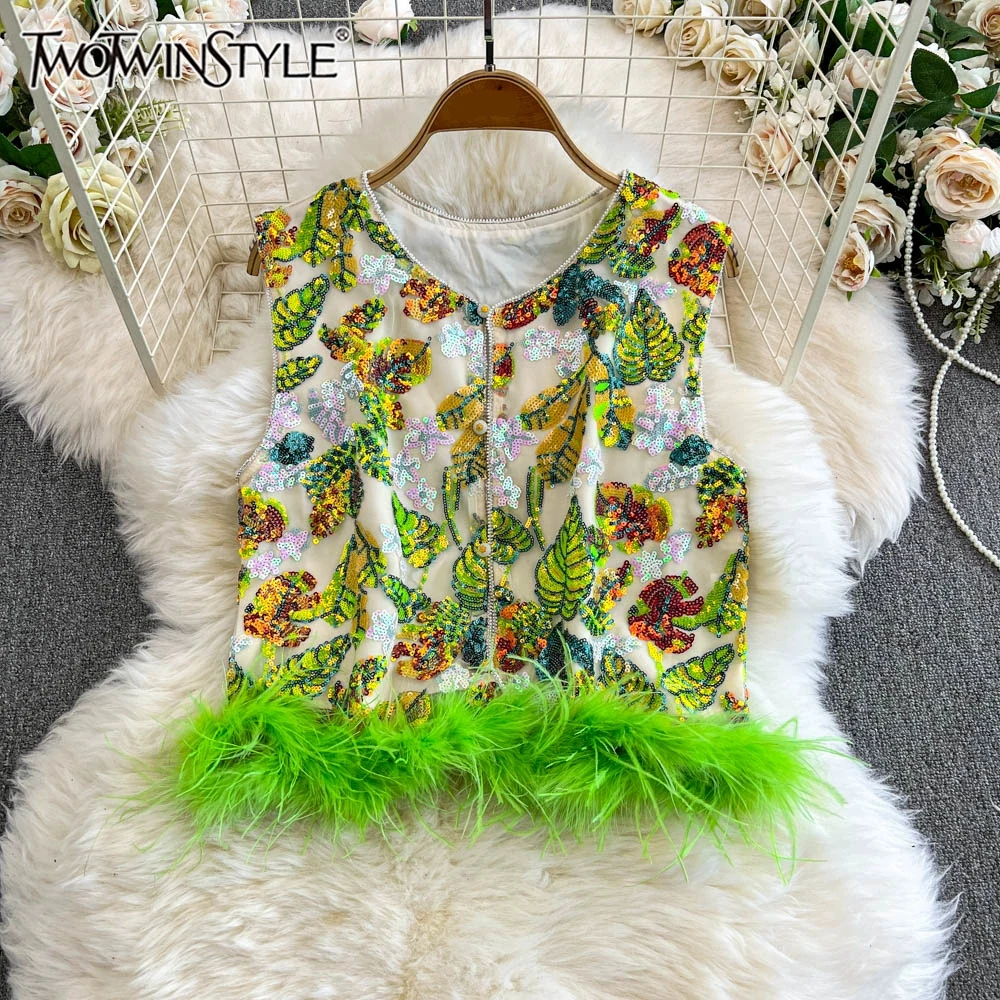 TWOTWINSTYLE Patchwork Feathers Chic Vests For Women Round Neck Sleeveless Spliced Sequins Casual Waistcoats Female KVE517488