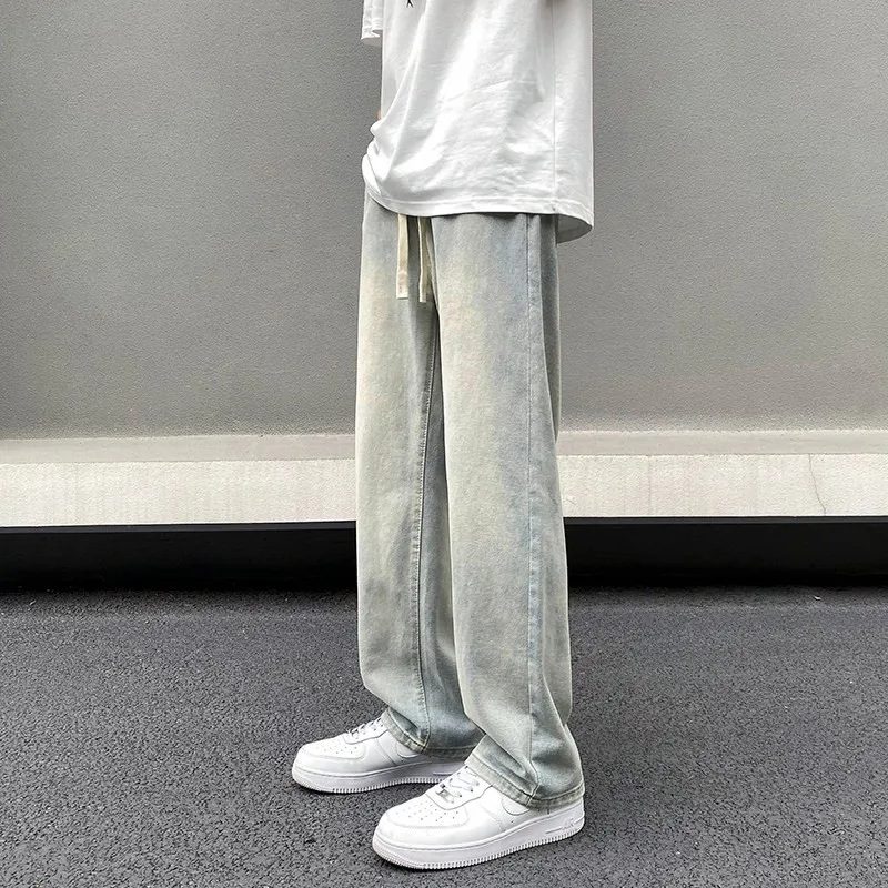 

Comfortable Elastic Waist Fce Lined Autumn Winter Men's Jeans Casual Wide Leg Straight Cut Trousers Trendy High Street Sle