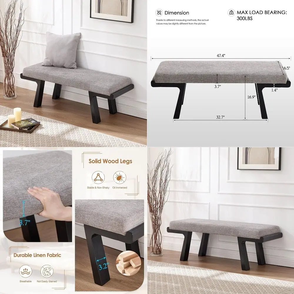 

Solid Wood Bench for Bedroom End of Bed, Upholstered Small Entryway Bench with Cushion, 47 Grey Linen Ottoman Bench with Black