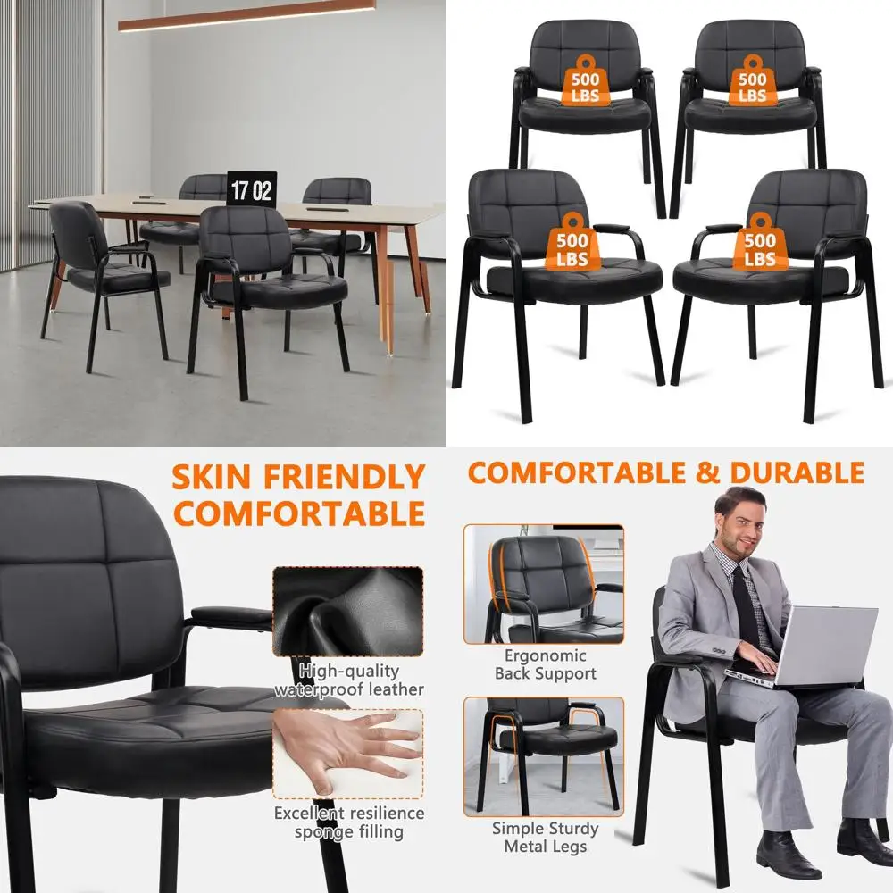 Leather Office Chair for 500 lbs Capacity, Padded Arms, No Wheels, Suitable for Waiting Rooms, Home, Conferences, and Clinics, B