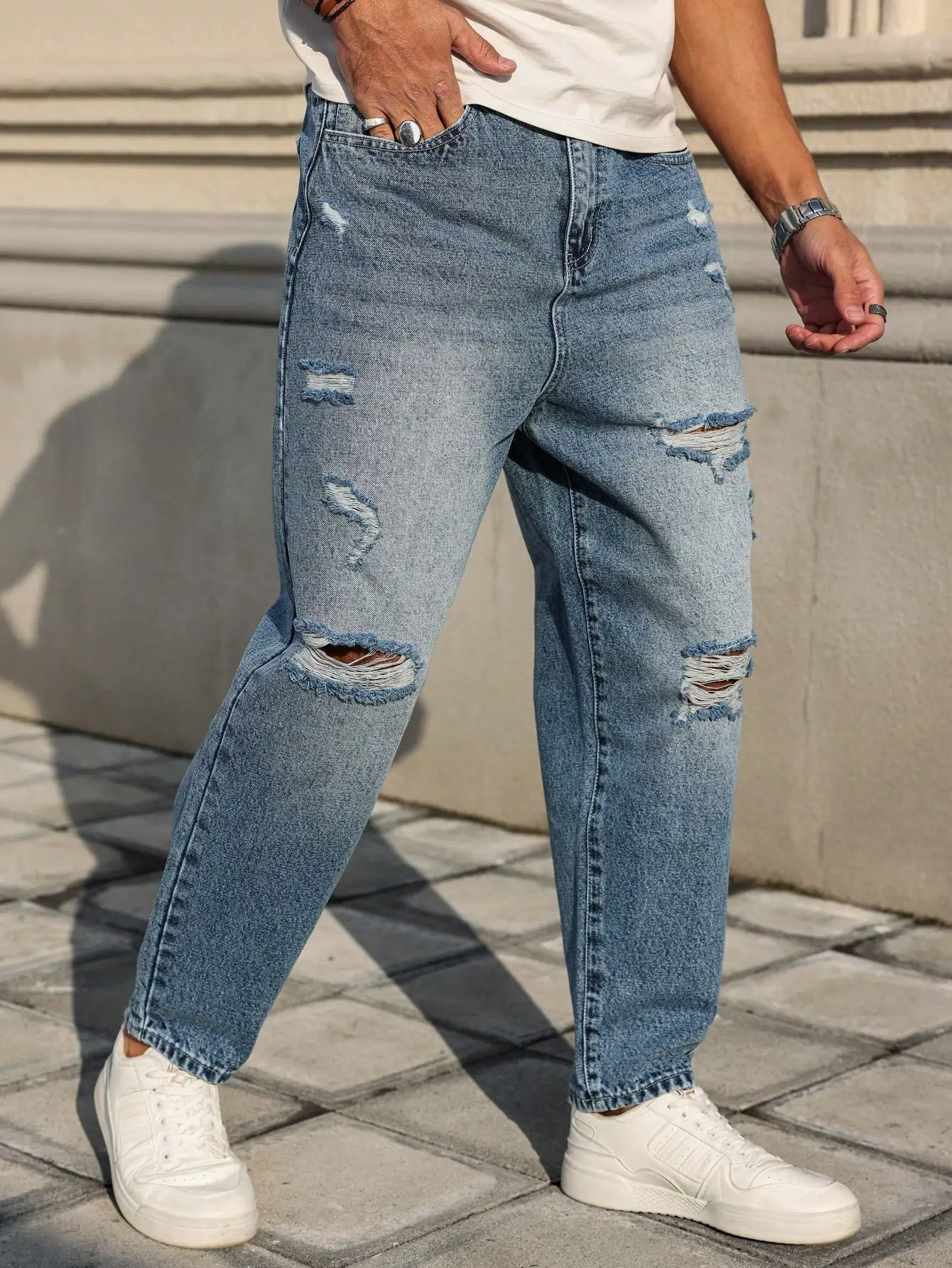 Vaqueros rasgados azules para hombre, pantalones de mendigo desgastados retro, pantalones harem sueltos de tendencia callejera