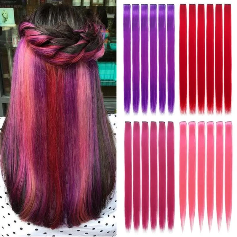 Extensions de Cheveux Lisses à réinitialisation, Couleur Arc-en-ciel Rouge et Rose, à Reflets Colorés, 1 Pièce