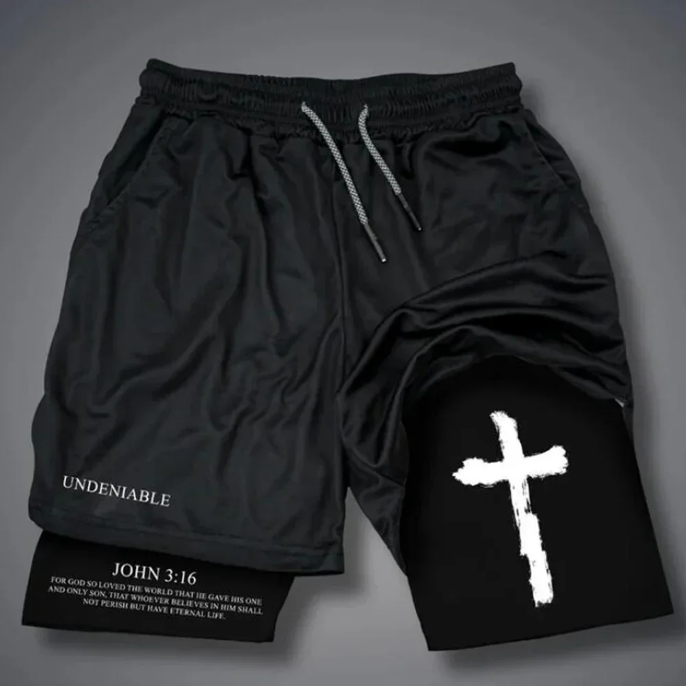 Men's cross printed 2-in-1 training shorts with compression lining Christian gym sports shorts phone pocket towel buckle run