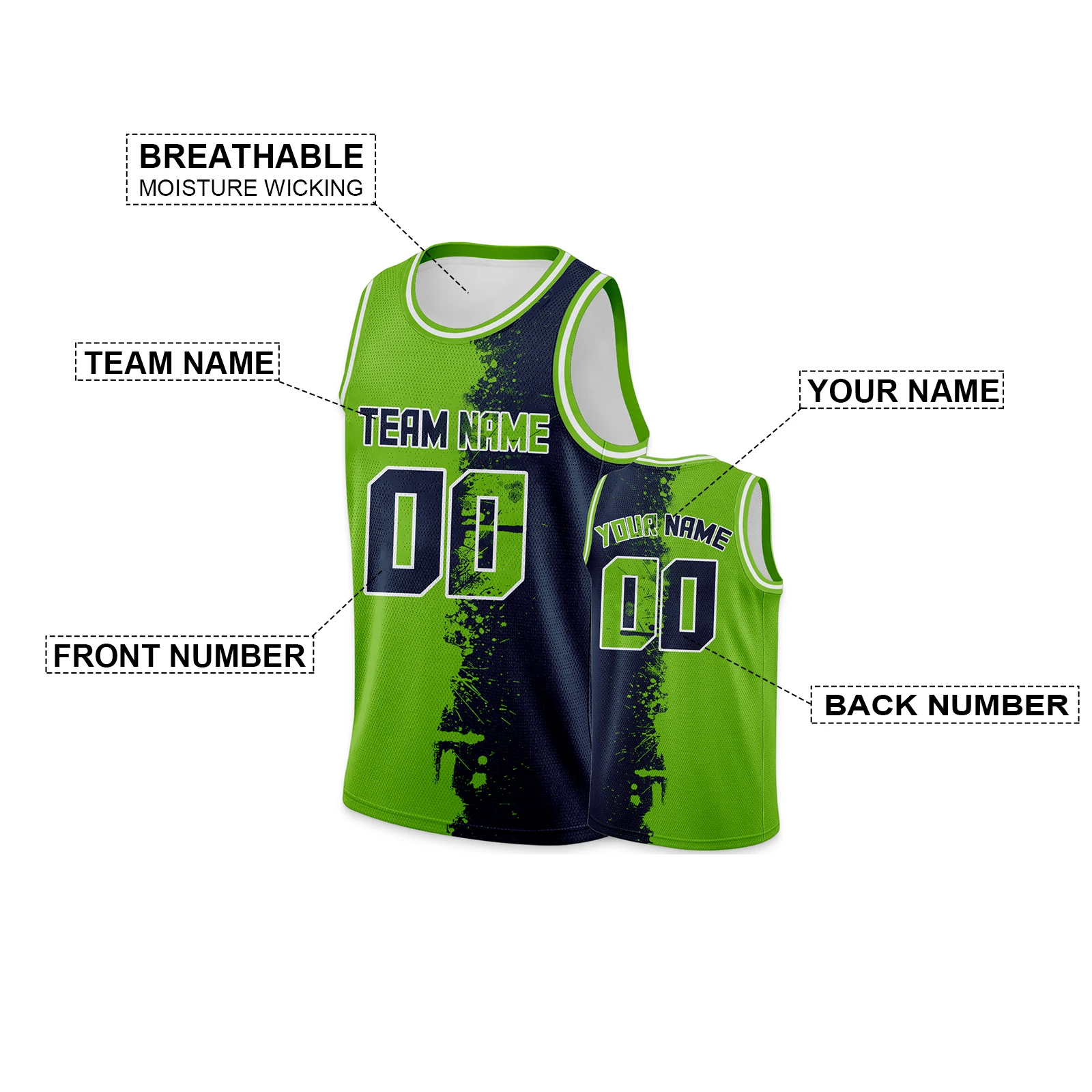 Custom Basketball Jersey Green Navy Printed Personalized Team Name Number Hip-Hop Training Shirt Fans Gift for Men Women Youth