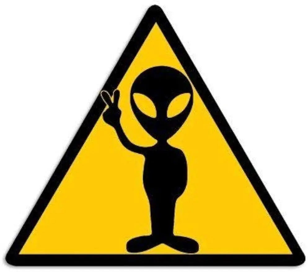 Magnet 4x4 inch Triangle Alien Caution Sign Sticker (sci fi UFO Believe Space Believe) Magnetic Magnet Vinyl Sticker