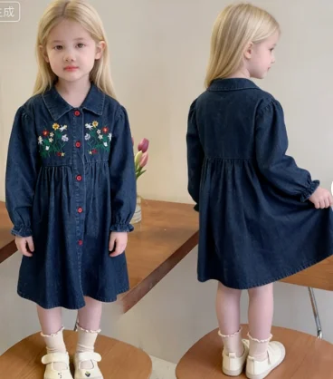 

Girls Dress Spring Summer New Korean Denim Flower Embroidered Western Style Long Sleeve Shirt Skirt Casual Fashion