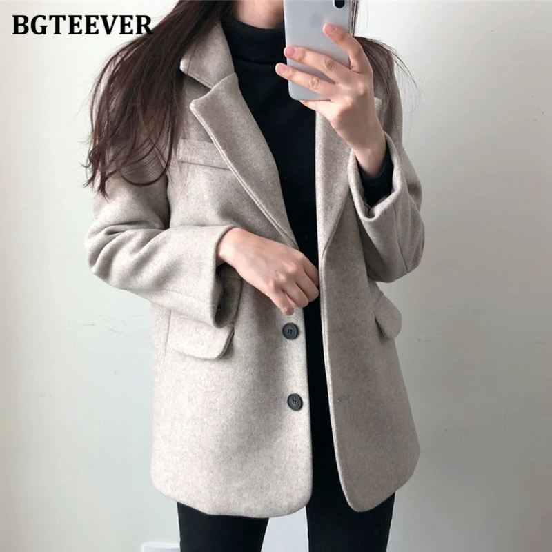 BGTEEVER-Chaqueta holgada de lana para mujer, chaqueta elegante y cálida de manga larga con bolsillos, Otoño e Invierno