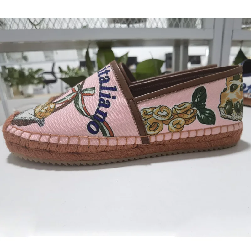 

Newest Pink Cloth Bread Basket Printing Loafer Shoes Rope Braided Thick Sole Woman Leisure Outfit Slip On Fishman Flats Zapatos