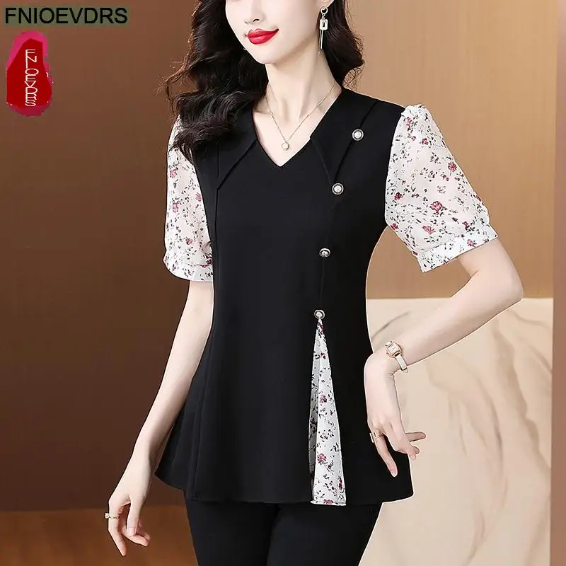 Retro Vintage Bloemenprint Tops 2025 Zomer Nieuw Ontwerp Vrouwen Office Lady V-hals Zwarte Knop Patchwork Basic Shirts Blouses