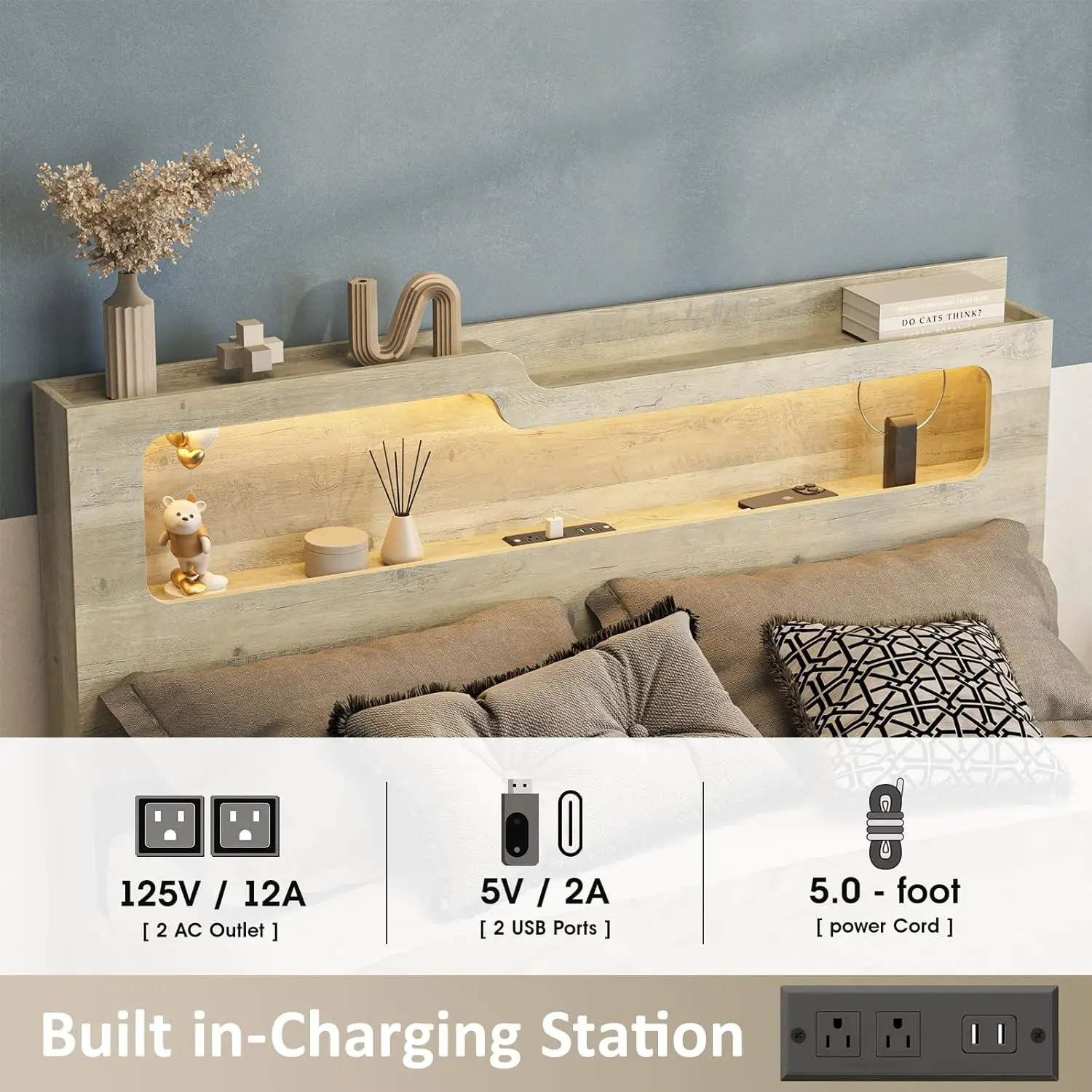 إطار سرير تخزين قابل للرفع بحجم كوين، إطار سرير بمنصة خشبية من اللوح الأمامي بطبقتين مع وحدة تخزين رفع ومحطة شحن