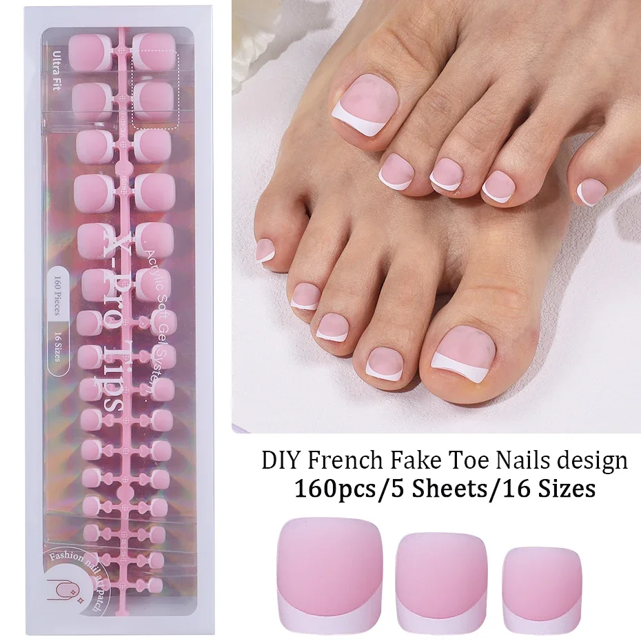 

160pcs French Short Square Artificial Press On Toenails Pink Full Cover Acrylic Fake Toe Nail Tips Nail Supplies Tools For Women