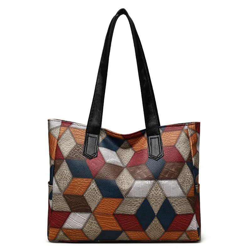 Large Capacity Patchwork Colorful Casual Tote Bags For Women, Vintage Plaid Shoulder Bag For Daily commuting Ladies Handbags