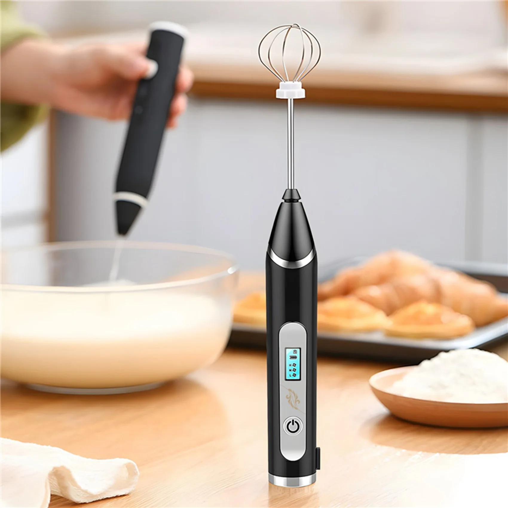 Milk Frother, USB Rechargeable LCD Hand Mixer with 3 Stainless Steel Whisk, 3 Speeds Handheld Frother Whisk, Electric