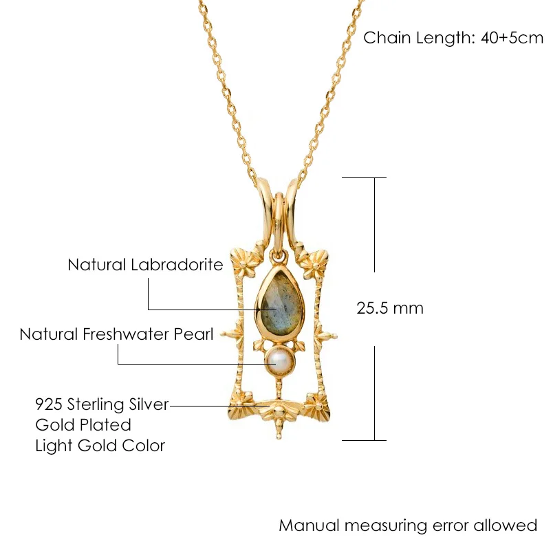LAMOON Vintage Luxury Natrual Labradorite Gemstone Pendant Necklace For Women 925 Sterling Silver Gold Plated Fine Jewelry Gift