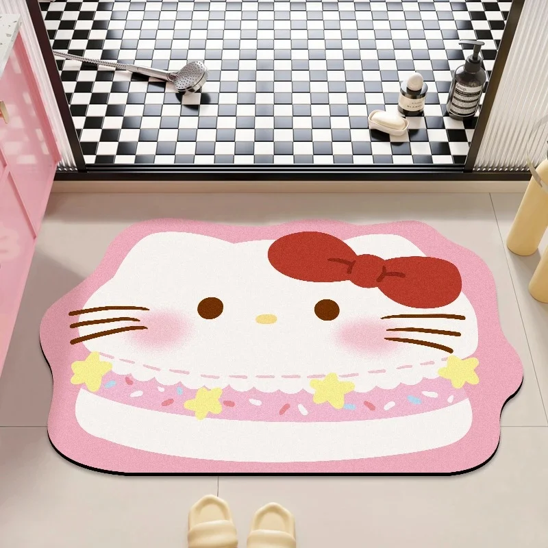 Kawaii Hello Kitty Paw Irregular Diatomite Mat Pink Wave Border Bow Print Non‑Slip Entryway Rug