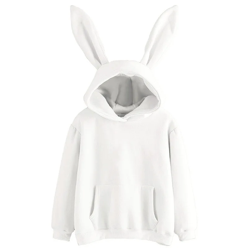 Women's Hoodie with Rabbit Ear Decoration, Loose Long Sleeve, Elastic Cuffs, Drawstring, Casual, Monochromatic, New