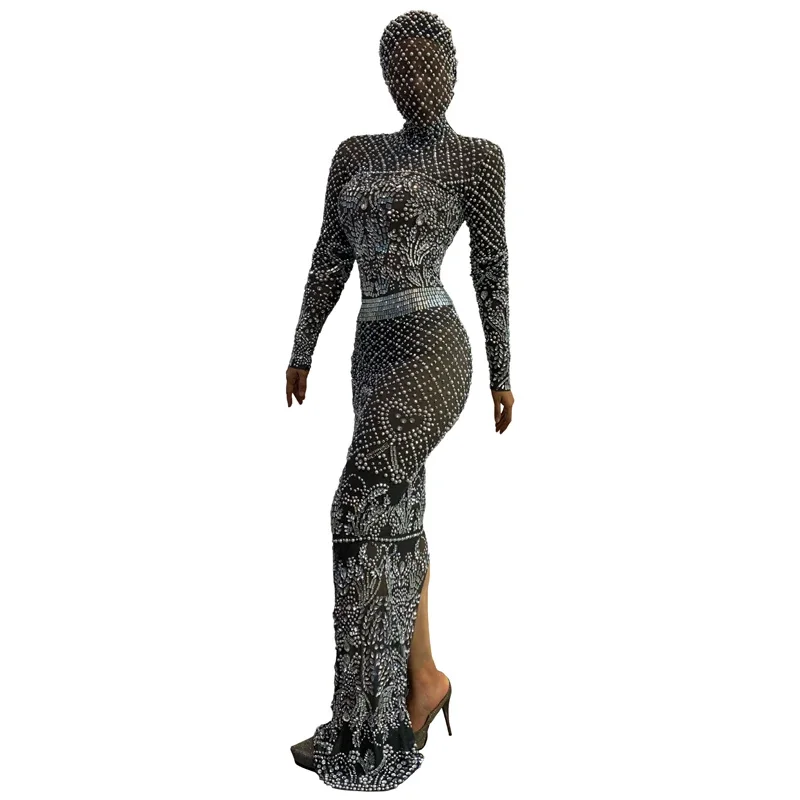 Damskie Sukienki Wieczorowe z Długim Rękawem, Całe w Dżetach i Perłach, Sukienka na Uroczystość, Ubranie na Przyjęcie Urodzinowe, Seksowne Kostiumy Gogo XS7001