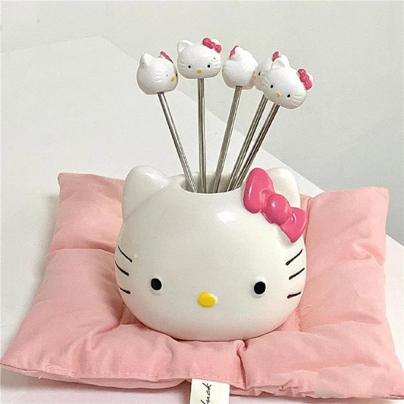 Sanrio cartoon HelloKitty household insert stick stainless steel fruit fork cute fruit stick high value fruit fork storage