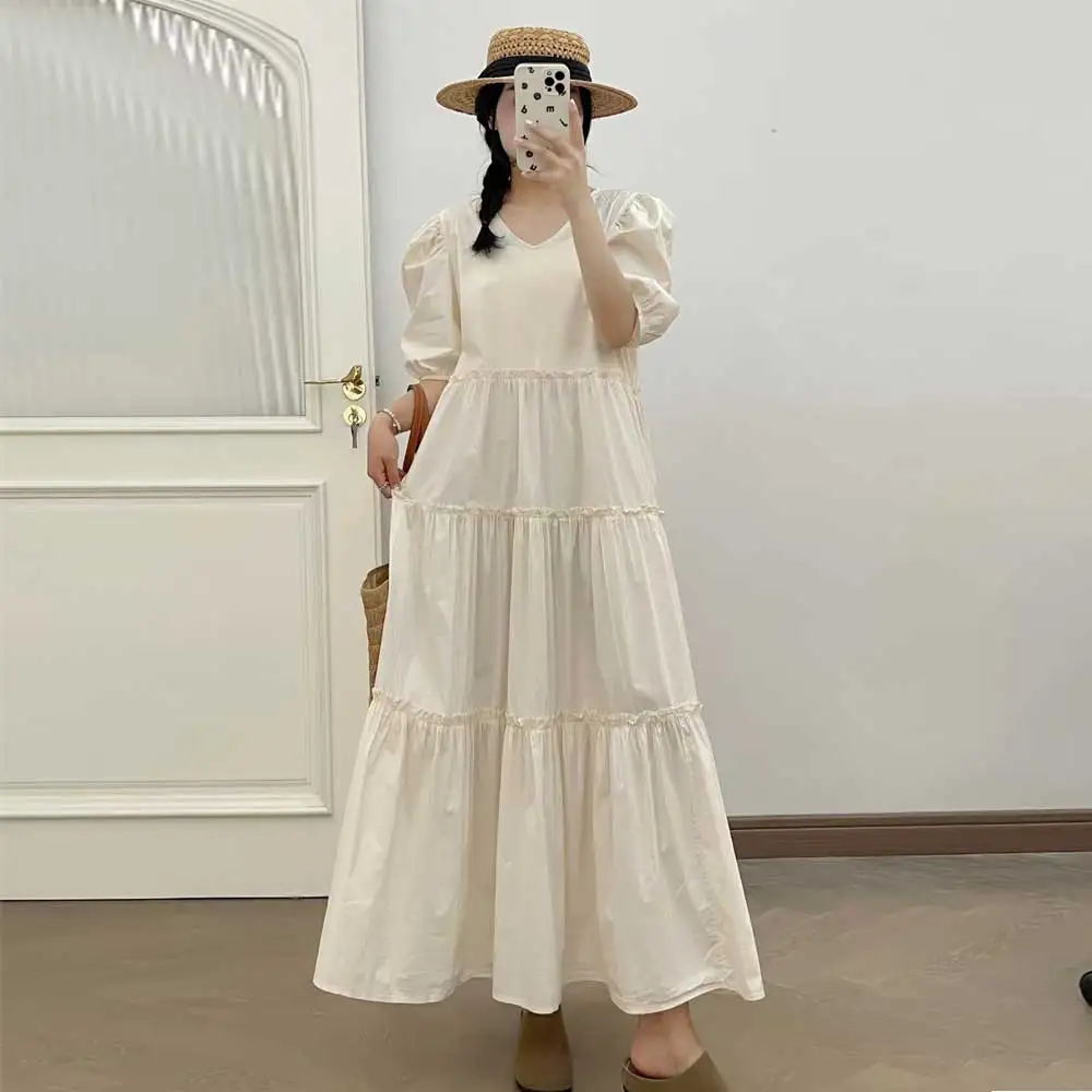 

Summer New French Elegant Style Solid Color Cake Dress Women Mori Girl V-Neck Puff Short Sleeve Casual Loose Long A-Line Dresses