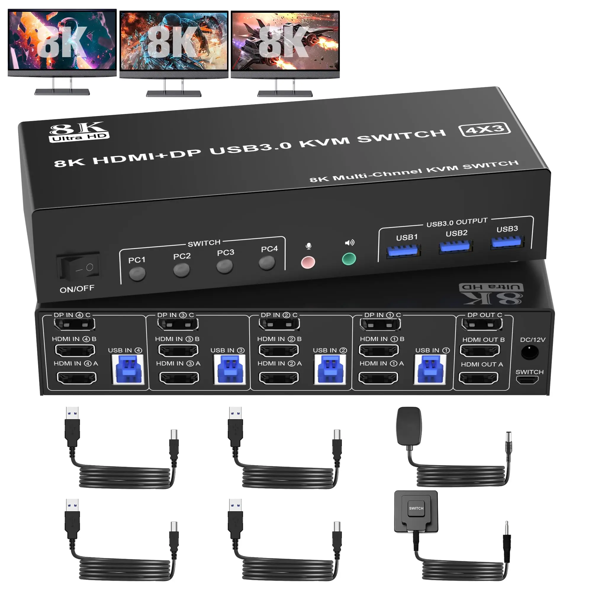 8K@60Hz 2 HDMI +1 DisplayPort KVM Switch Triple Monitor for 4 Computer with Audio and 3 USB 3.0 Ports, 3 Monitor KVM Switches