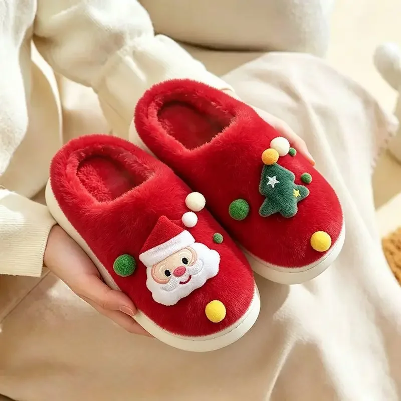 Christmas Women Plush Slippers 2026 Warm Comfortable Anti Slip Home Couple Holiday Gift Shoes