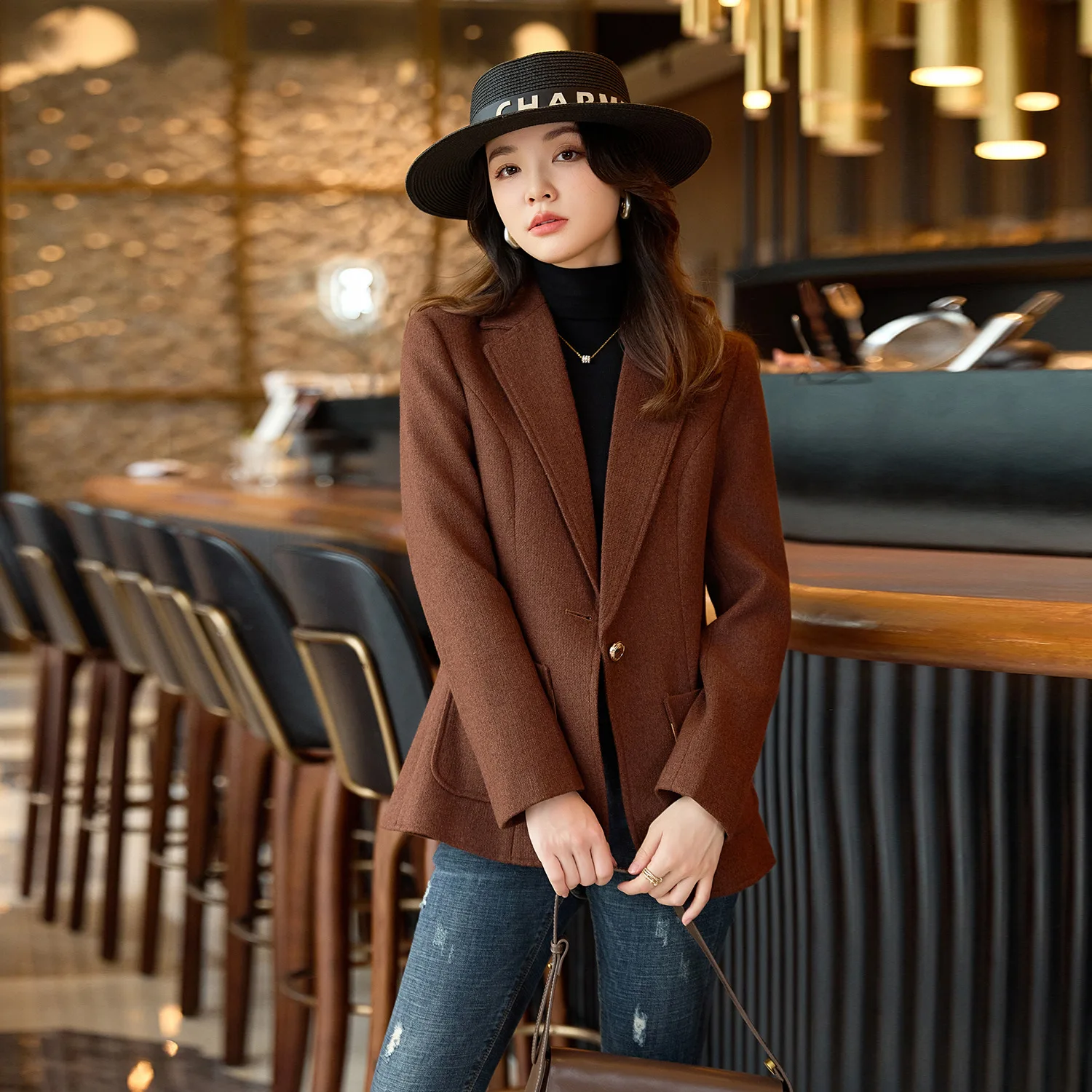 秋冬レディースブレザー女性長袖無地ルーズフォーマルジャケットコートカジュアルワンボタンスーツスリム女性用トップス