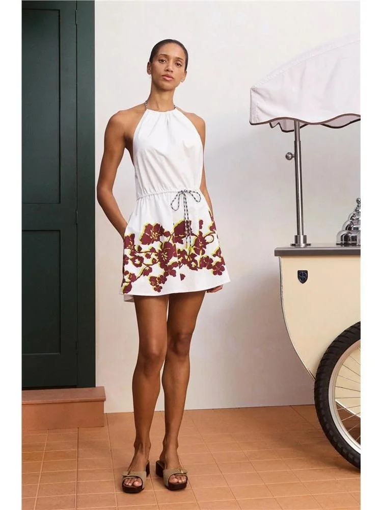 Sexy Backless Cotton Short Skirt Casual Summer Vacation Style Wide Hemline Loose Fit Print Neck Hanging Dress for Women