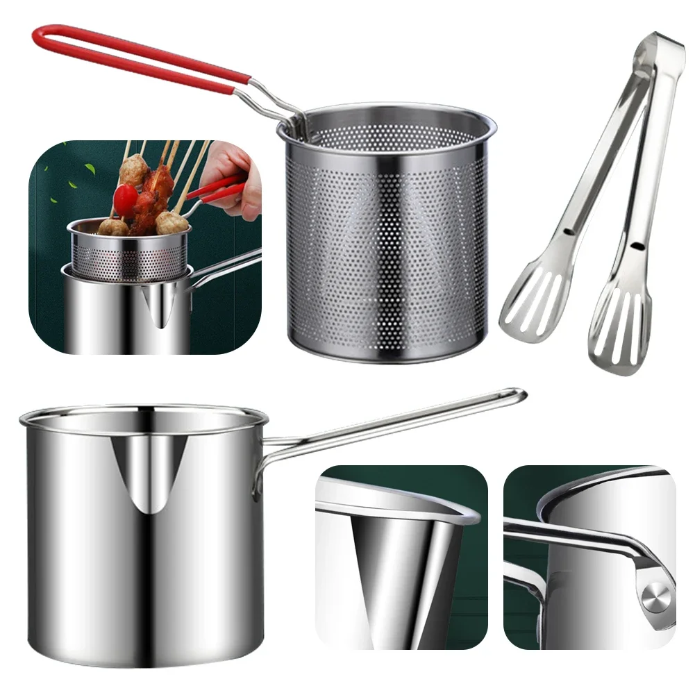 1200ML Portable Cooking Pot with Strainer Basket Multipurpose Fries Fryer 304 Stainless Steel for French Fries Chicken Fry