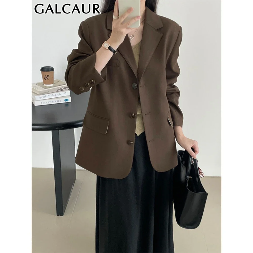 GALCAUR Solid Loose Spliced Single Button Fashion Blazers for Women Notched Long Sleeve Patchwork Pocket Coat Female Temperament