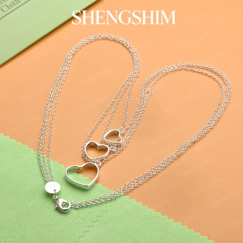 SHENGSHIM 925 Sterling Silver Openwork Heart Pendant Tassels Necklace For Women Fashion Jewelry Engagement Party Birthday Gift